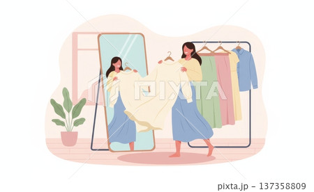 Woman Trying Clothes in Front of Mirror 137358809