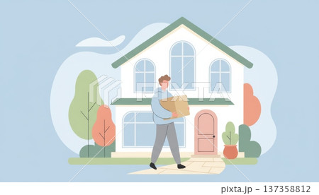 Man Carrying Package in Front of House Man Carrying Package in Front of House 137358812