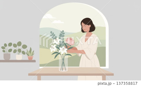 Woman Arranging Flowers in Vase Woman Arranging Flowers in Vase 137358817