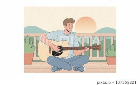 Man Playing Guitar on Balcony Man Playing Guitar on Balcony 137358821