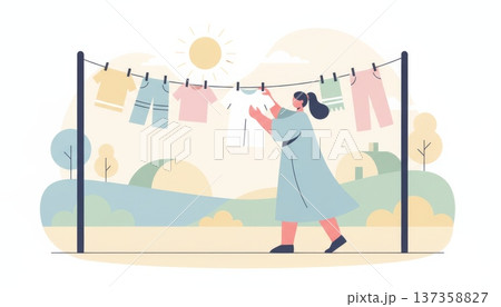 Woman Hanging Clothes on Clothesline 137358827