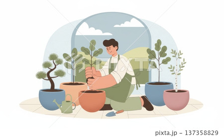 Man Planting Trees in Pots 137358829