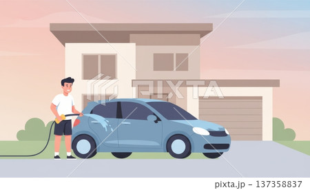 Man Washing Car in Front of House Man Washing Car in Front of House 137358837