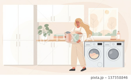 Woman Doing Laundry in Laundry Room 137358846