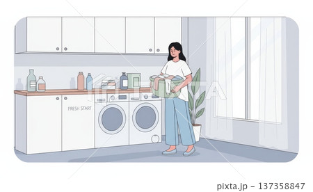 Woman Doing Laundry in Laundry Room 137358847
