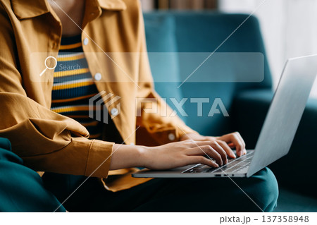 Searching Browsing Internet Data Information Networking Concept with blank search bar. woman working with mobile phone and laptop computer VR icon Searching Browsing Internet Data Information Networking Concept with blank search bar. woman working with mobile phone and laptop computer VR icon 137358948