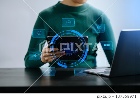 Man using chat bot in smartphone intelligence Ai. Chat with AI Artificial Intelligence, developed by OpenAI generate. robot in online system. 137358971