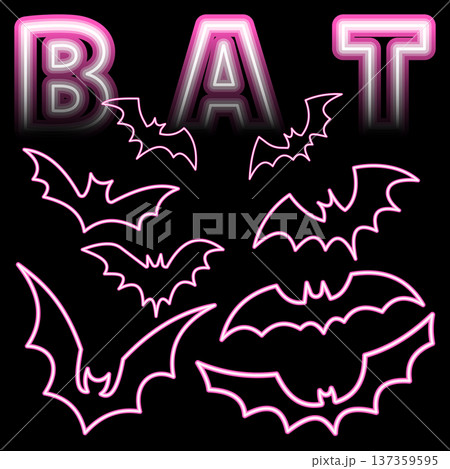 Pink Bat Icon Line Neon. Pink Bat Neon. Pink Bat Neon Signboard Icon. Pink Bat Neon Icon. Halloween Neon Pink Bat Outline Icon Isolated on Black Background. Vector illustration. Elements for design. 137359595