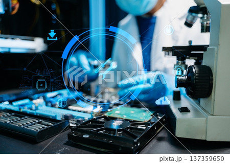 IT technician repairing smartphone and working on motherboard in a modern lab. Electronics, tech repair, digital tools, precision work, and professional IT services IT technician repairing smartphone and working on motherboard in a modern lab. Electronics, tech repair, digital tools, precision work, and professional IT services 137359650
