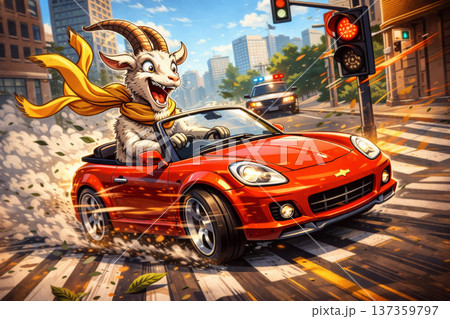 Funny goat driving convertible car fast 137359797
