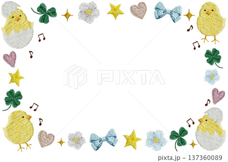 【幸せ気分ひよこの四角フレーム】手刺繍イラスト素材 137360089