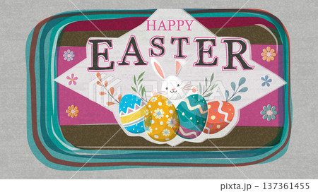 Happy Easter greeting card, poster, label or banner hand drawn transparency and overlap from risograph defect printing on old roneo paper background. 137361455