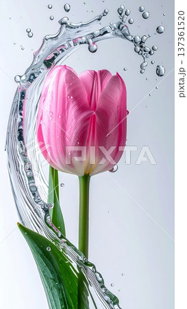 Tulip Flower Macro with Water Droplet Arc in Studio 137361520
