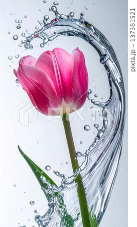 Tulip Flower Macro with Water Droplet Arc in Studio 137361521