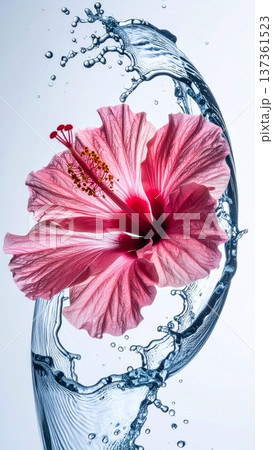 Hibiscus Flower Macro with Water Droplet Arc in Studio Hibiscus Flower Macro with Water Droplet Arc in Studio 137361523