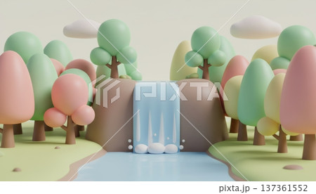 Waterfall Flowing Down a Cliff in a Deep Forest 137361552