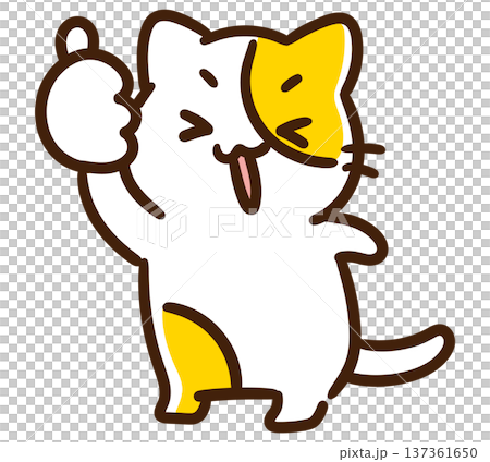 いいねのポーズをして喜んでいるかわいいネコのキャラクターのデフォルメイラスト 137361650