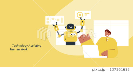 Technology assisting human work with robot AI assistant showing collaboration and automation. Flat design vector illustration for AI assistance, productivity and workplace technology concepts. 137361655