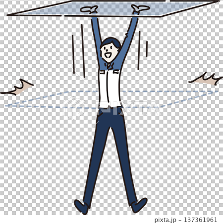 一位身穿工作服的女性打破了玻璃天花板的插圖，她穿著藍色制服。 137361961