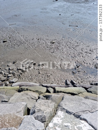 This is a close-up of the mud flat and stone wall. This is a close-up of the mud flat and stone wall. 137362133