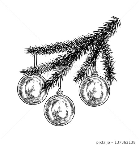 A spruce branch decorated with Christmas tree ornaments. Black and white graphics handmade vector illustration. An element of your Christmas and New Year design for greeting cards, packaging and more A spruce branch decorated with Christmas tree ornaments. Black and white graphics handmade vector illustration. An element of your Christmas and New Year design for greeting cards, packaging and more 137362139
