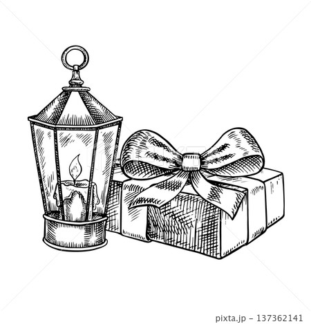 Christmas composition, gift box and lantern. Black and white graphics, handmade vector illustration. Design element for greeting and invitation cards, posters, banners, packaging and more 137362141