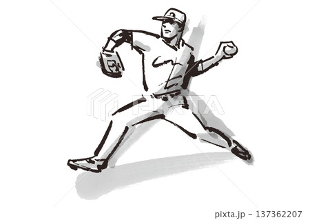 力強いボールを投げるピッチャーの筆で描いた白黒イラスト 137362207