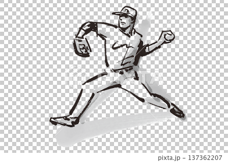 力強いボールを投げるピッチャーの筆で描いた白黒イラスト 137362207