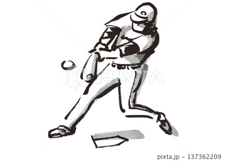 野球でホームランを打ったバッターの筆で描いた白黒イラスト 137362209