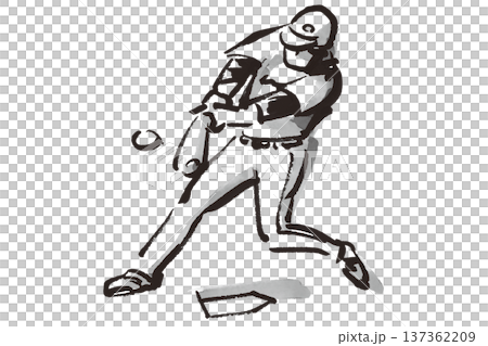 野球でホームランを打ったバッターの筆で描いた白黒イラスト 137362209