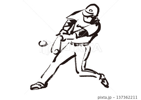 野球でホームランを打ったバッターの筆で描いた白黒イラスト 137362211