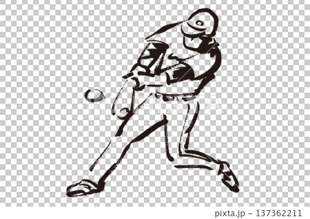 野球でホームランを打ったバッターの筆で描いた白黒イラスト 137362211