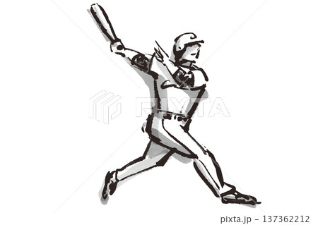 野球でホームランを打ったバッターの筆で描いた白黒イラスト 137362212