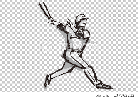 野球でホームランを打ったバッターの筆で描いた白黒イラスト 137362212