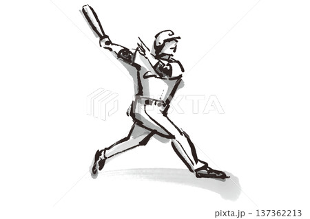 野球でホームランを打ったバッターの筆で描いた白黒イラスト 137362213