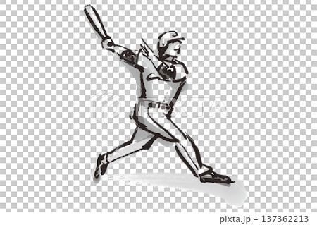 野球でホームランを打ったバッターの筆で描いた白黒イラスト 137362213