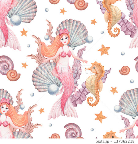 Watercolor seamless pattern featuring a mermaid in a coral crown Watercolor seamless pattern featuring a mermaid in a coral crown 137362219
