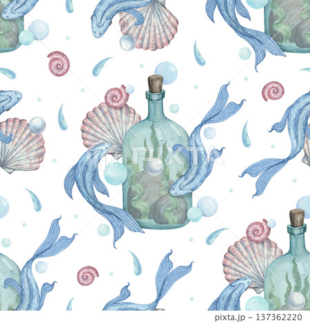 A watercolor seamless pattern featuring illustrations of beautiful blue fish 137362220