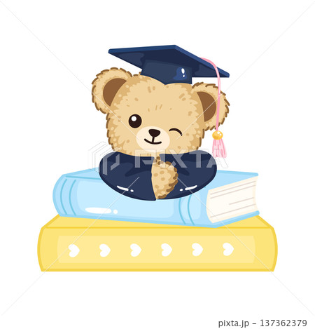 Cute graduation bear in stack of books 137362379