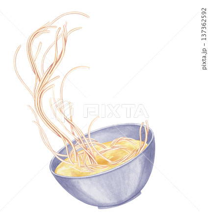 Blue ceramic bowl from which steaming noodles and broth splash out in mid air dynamic watercolor illustration on isolated background. Freshly cooked pasta or Asian noodle soup for restaurant menu. Blue ceramic bowl from which steaming noodles and broth splash out in mid air dynamic watercolor illustration on isolated background. Freshly cooked pasta or Asian noodle soup for restaurant menu. 137362592