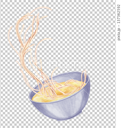 Blue ceramic bowl from which steaming noodles and broth splash out in mid air dynamic watercolor illustration on isolated background. Freshly cooked pasta or Asian noodle soup for restaurant menu. Blue ceramic bowl from which steaming noodles and broth splash out in mid air dynamic watercolor illustration on isolated background. Freshly cooked pasta or Asian noodle soup for restaurant menu. 137362592