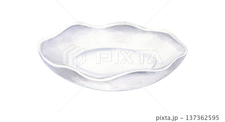Watercolor empty white porcelain plate with scalloped edge on isolated background, side view. Empty round bowl, tableware for food presentation mockups, tableware catalog, restaurant menu. 137362595