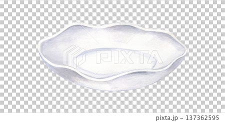 Watercolor empty white porcelain plate with scalloped edge on isolated background, side view. Empty round bowl, tableware for food presentation mockups, tableware catalog, restaurant menu. 137362595