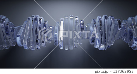 Blue glass DNA helix spiral on dark 3d background. Modern molecular biology, medical, technology, chemistry, scientific futuristic design. Abstract transparent lens, line array effect. 3D illustration Blue glass DNA helix spiral on dark 3d background. Modern molecular biology, medical, technology, chemistry, scientific futuristic design. Abstract transparent lens, line array effect. 3D illustration 137362955
