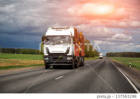 White long haul truck transports logs open highway under dramatic cloudy sky, showcasing heavy freight movement raw material delivery White long haul truck transports logs open highway under dramatic cloudy sky, showcasing heavy freight movement raw material delivery 137363296