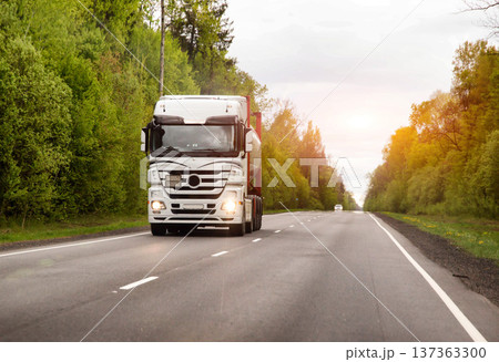 Large white semi-truck with trailer travels on asphalt road through vibrant green forest on a cloudy day, indicating long distance freight transport and journey of vehicle Large white semi-truck with trailer travels on asphalt road through vibrant green forest on a cloudy day, indicating long distance freight transport and journey of vehicle 137363300