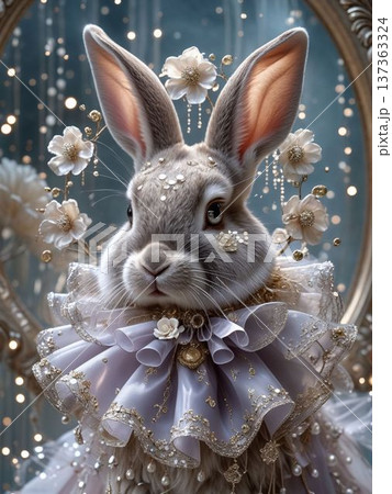 花と装飾に囲まれたうさぎのブライダルポートレート 輝くボケ光の幻想的な背景 花と装飾に囲まれたうさぎのブライダルポートレート 輝くボケ光の幻想的な背景 137363324