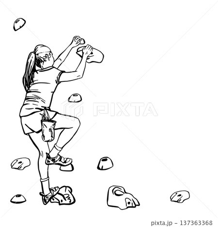 Teenager girl climbing on indoor bouldering rock wall with belt Chalk bag. Hand drawing vector black line art illustration for extreme sport, fitness challenge card, banner Isolated from background Teenager girl climbing on indoor bouldering rock wall with belt Chalk bag. Hand drawing vector black line art illustration for extreme sport, fitness challenge card, banner Isolated from background 137363368