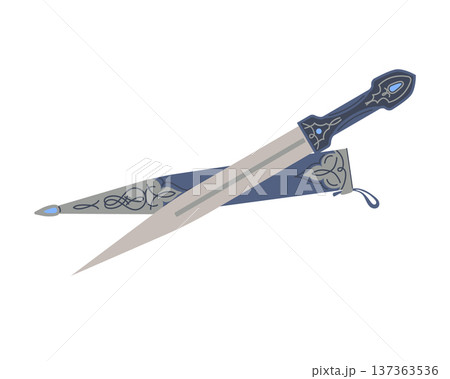 Antique kama dagger with a scabbard and a beautiful pattern, depicted on a white background. Vector dagger. Cold steel, duel, military duel. 137363536