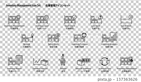 一套簡潔的庫存管理和盤點向量圖示集。 （庫存檢查、補貨、分析） 137363626